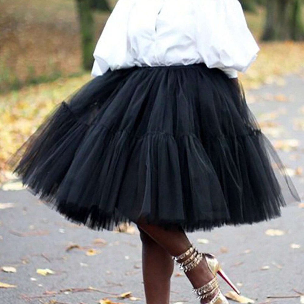 Black Preppy Womens Solid Mesh Overlay Ruffle Hem Skirt - Picture 3 of 5
